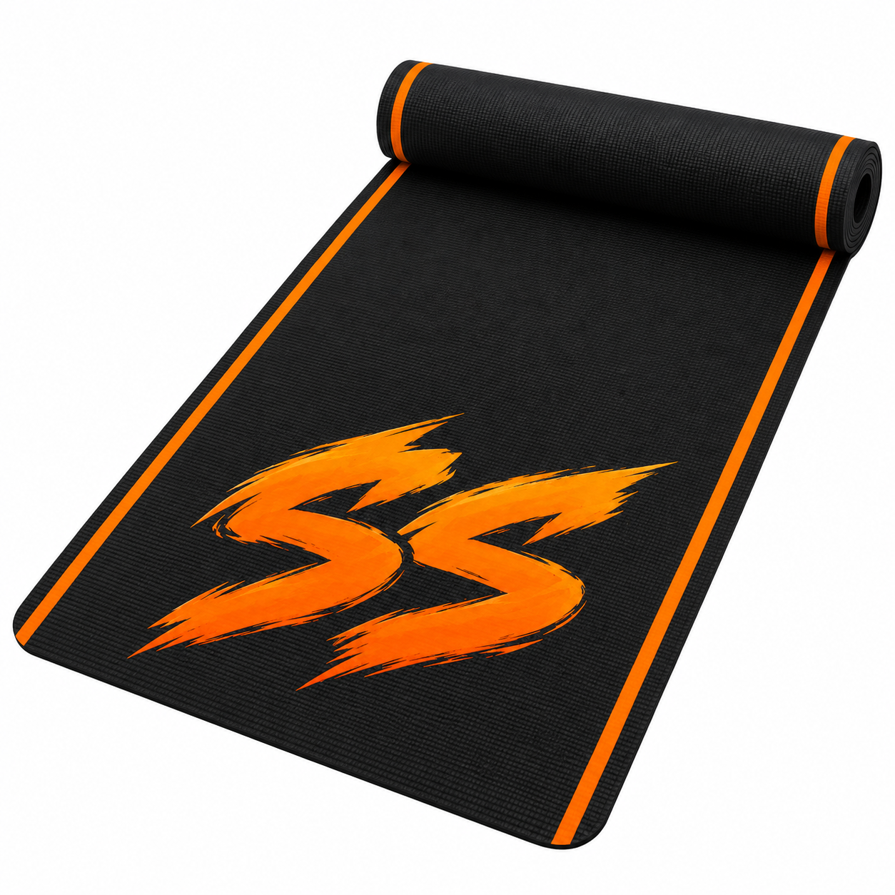 Design concept: black training mat with orange edge stripes and SS logo
